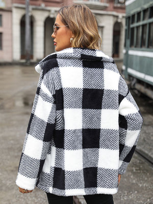 Black and white plaid teddy button-up jacket with textured fuzzy material.