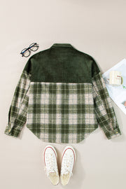 Corduroy yoke plaid overshirt in Black Forest, collared, long sleeve, casual style.