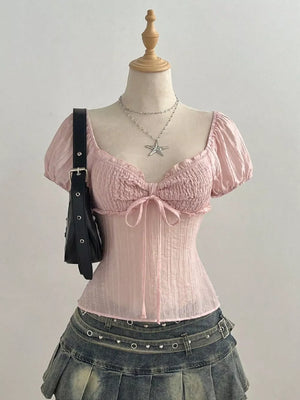 Sweetheart Neck Puff Sleeve Smocked Blouse, side view