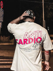 White graphic t-shirt with bold pink "ANTI CARDIO CLUB" text and a quote.