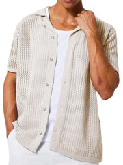 Beige open-knit resort shirt with short sleeves and a relaxed fit, button-up front.