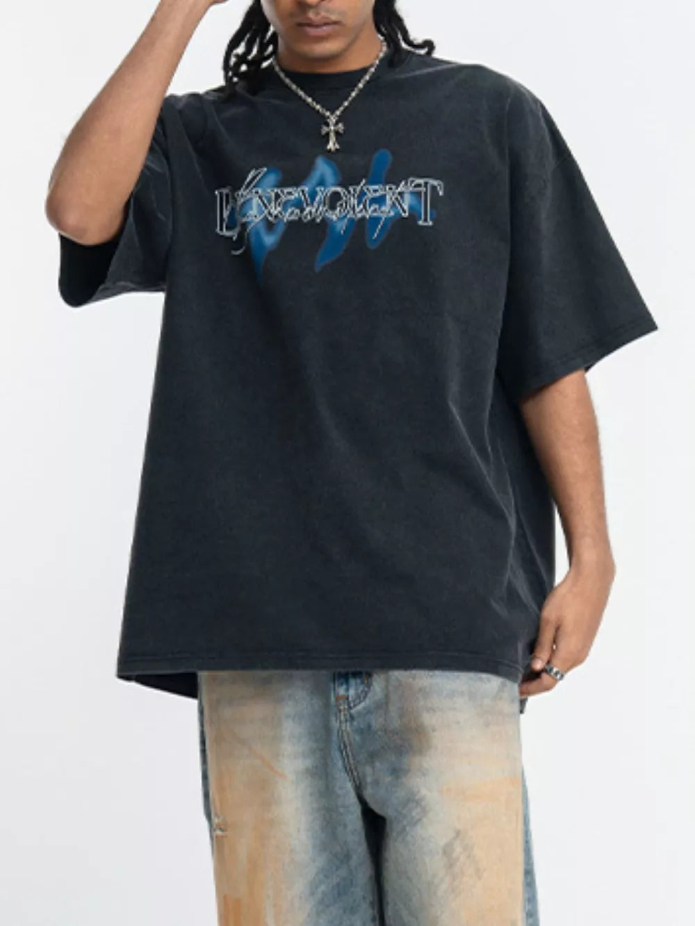 Crew-neck Graphic Oversized Vintage Top in Washed Black, front view