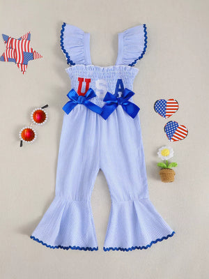 Children's Usa Themed Ruffled Sleeve Smocked Jumpsuit in Blue, close-up detail