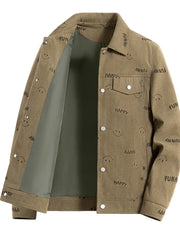 Light Khaki corduroy jacket with all-over smiley face and text print, button front, and chest pocket.