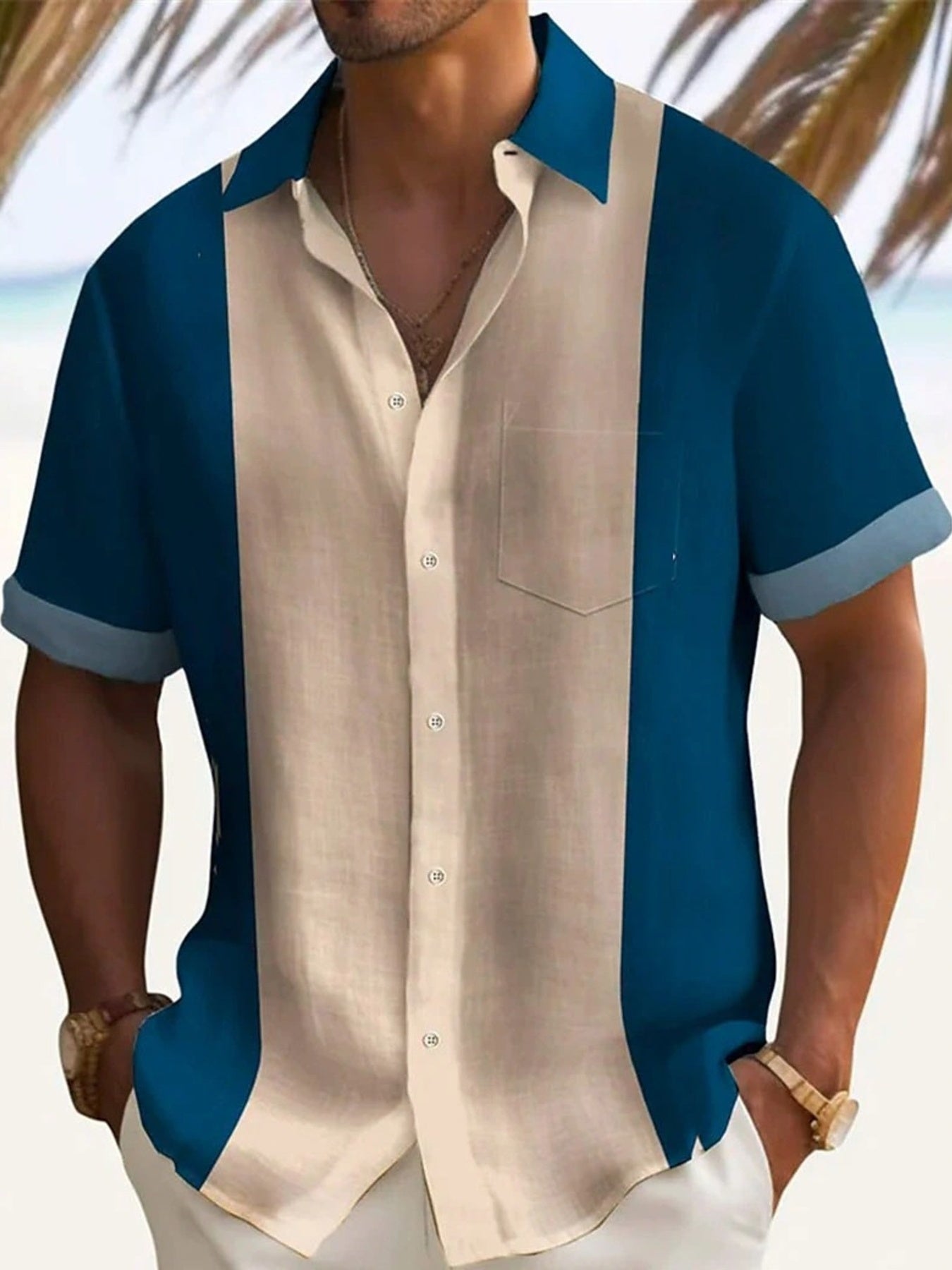 Men's short sleeve button-down shirt with color block beige and dark blue panels, chest pocket, cotton.
