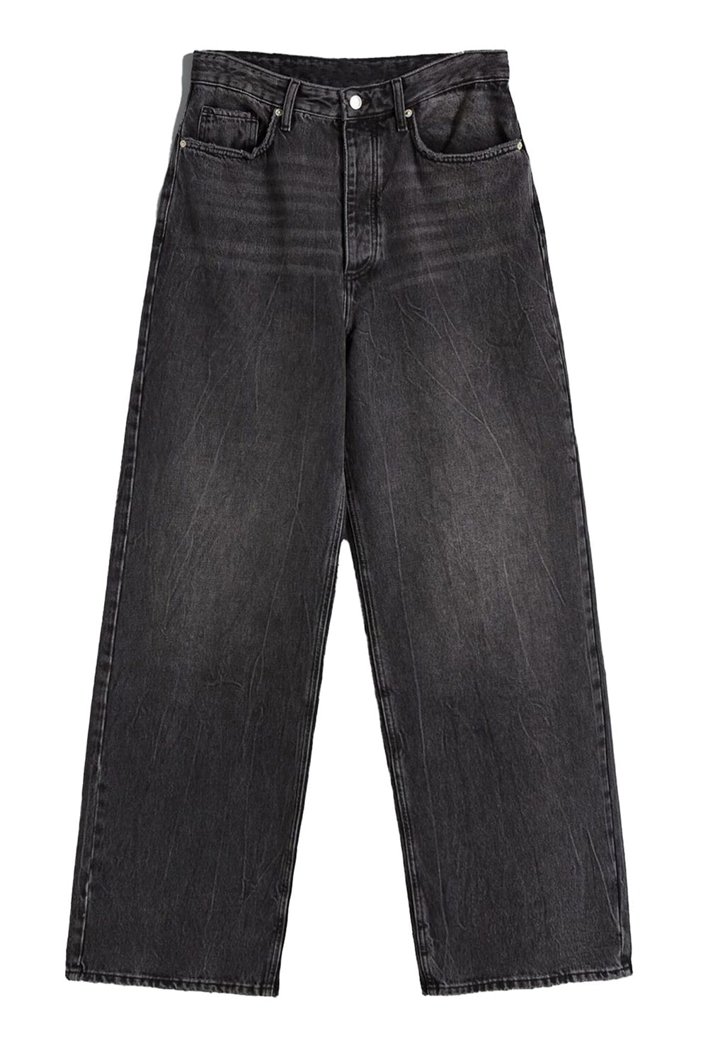 Black wide-leg denim jeans with subtle fade and button closure.