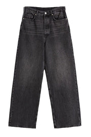 Black wide-leg denim jeans with subtle fade and button closure.