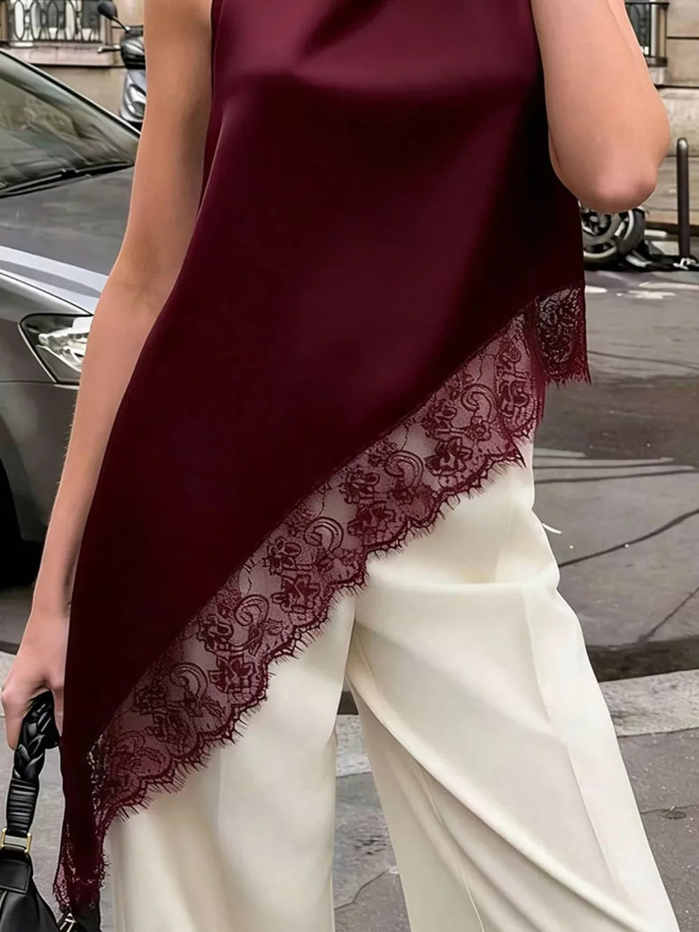 Polka Dot Lace Trim Asymmetrical Hem Sleeveless Blouse in Brown, fit detail