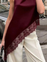 Polka Dot Lace Trim Asymmetrical Hem Sleeveless Blouse in Brown, fit detail