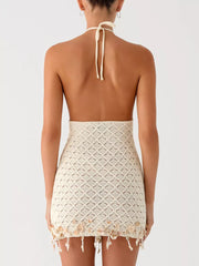 Tassel-trim Openwork Halter Mini Dress