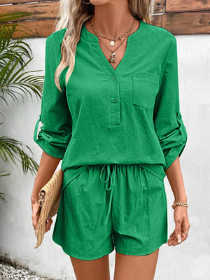 Green linen henley shirt with roll-tab sleeves and drawstring shorts set