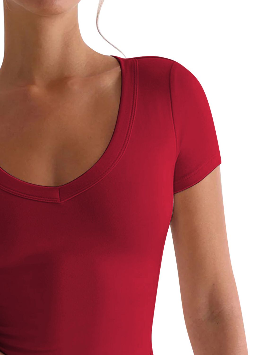 Deep Red V-neck second-skin tee with short sleeves.