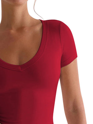 Deep Red V-neck second-skin tee with short sleeves.