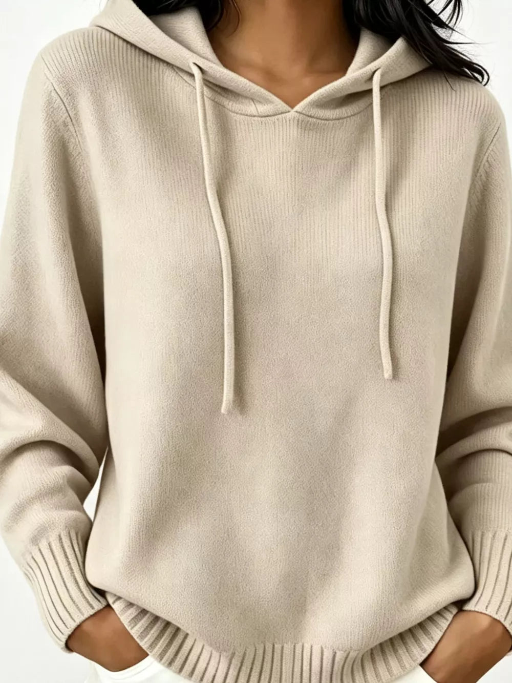 Cozy Ribbed Long-sleeve Hooded Sweater in White, editorial view