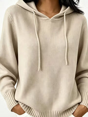 Cozy Ribbed Long-sleeve Hooded Sweater in White, editorial view