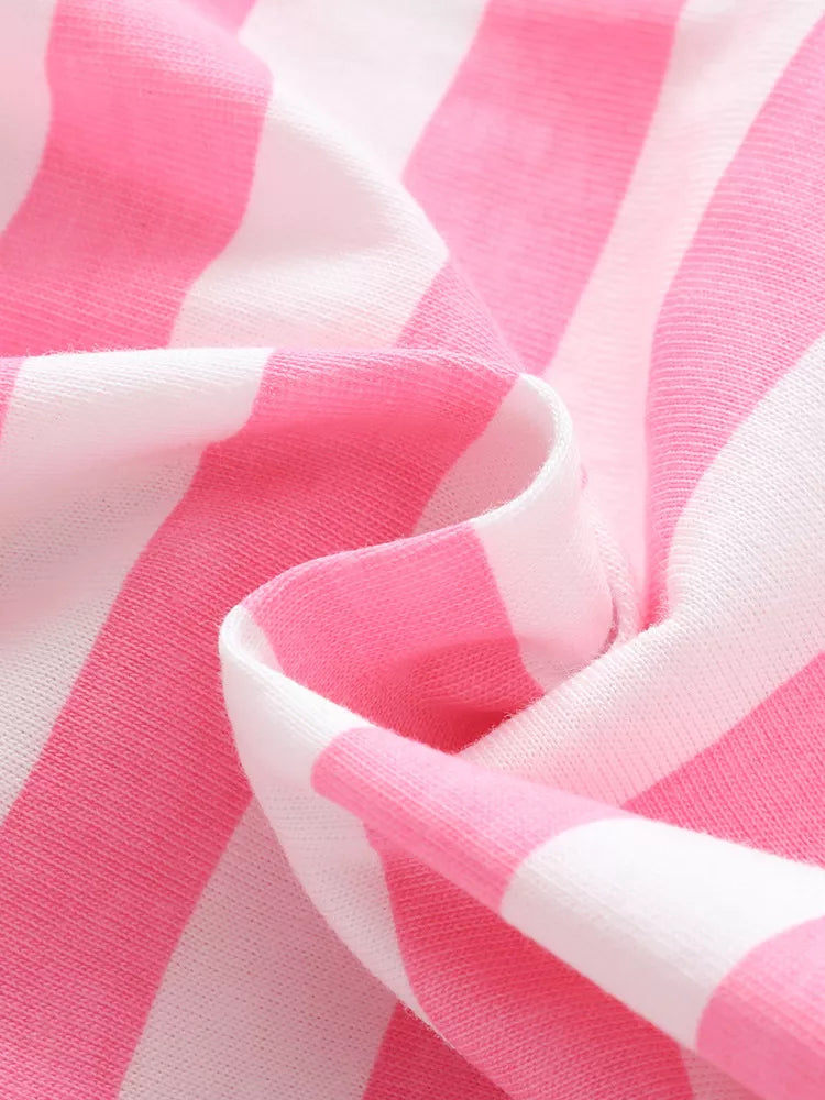 Pink and white striped cotton baby outfit fabric detail