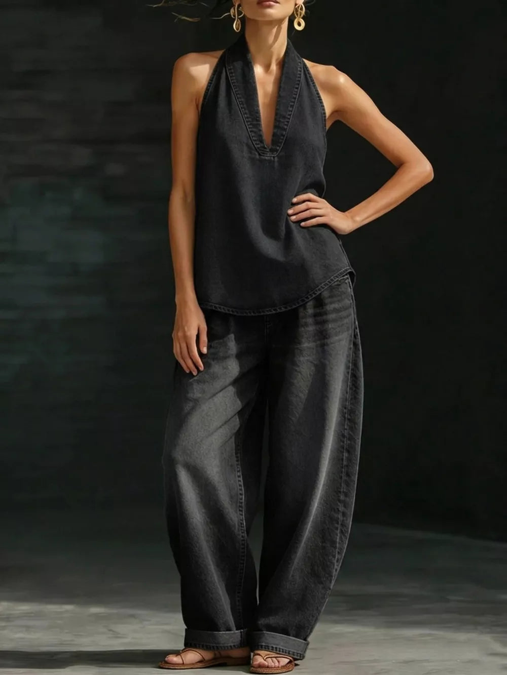 Chic black denim halter neck top and wide-leg pants outfit set with deep V-neck