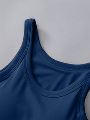 Dark blue ribbed knit tank top with built-in bra and scoop neckline.