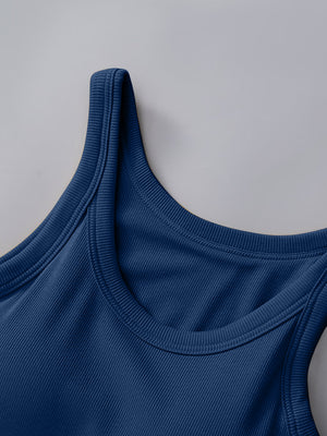 Dark blue ribbed knit tank top with built-in bra and scoop neckline.