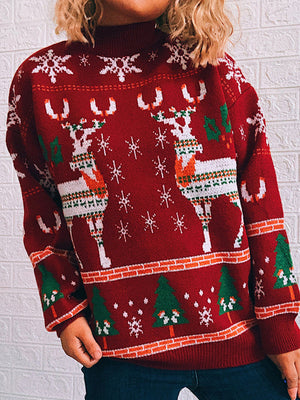 Red acrylic turtleneck sweater with reindeer, snowflakes, and Christmas trees intarsia knit pattern.