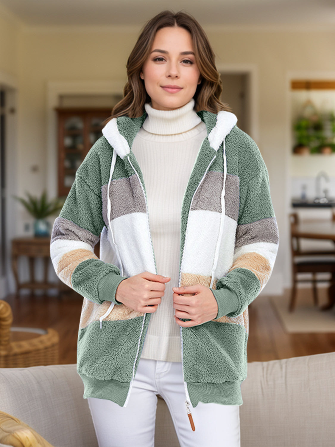 Teddy fleece zip-up hoodie jacket with color block pattern in green, white, tan, and grey.