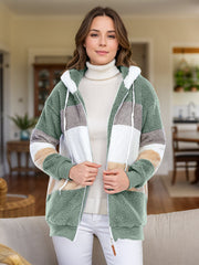 Teddy fleece zip-up hoodie jacket with color block pattern in green, white, tan, and grey.