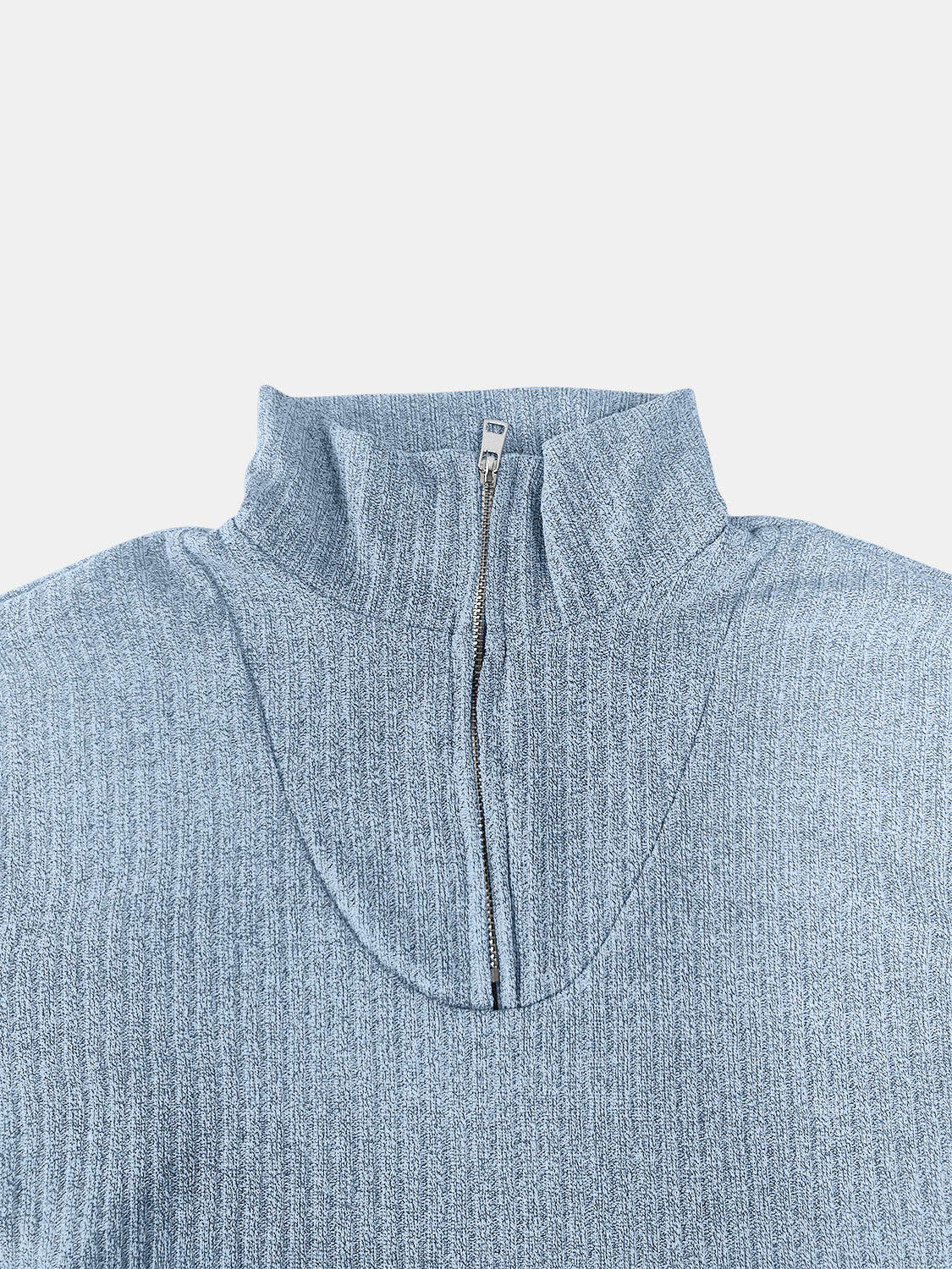 Light blue ribbed knit quarter-zip pullover sweater with a mock neck and silver zipper.