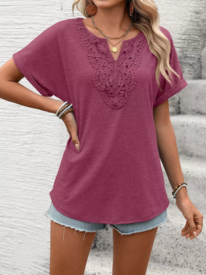 Burgundy lace-trimmed relaxed fit t-shirt with short sleeves and a V-neck.