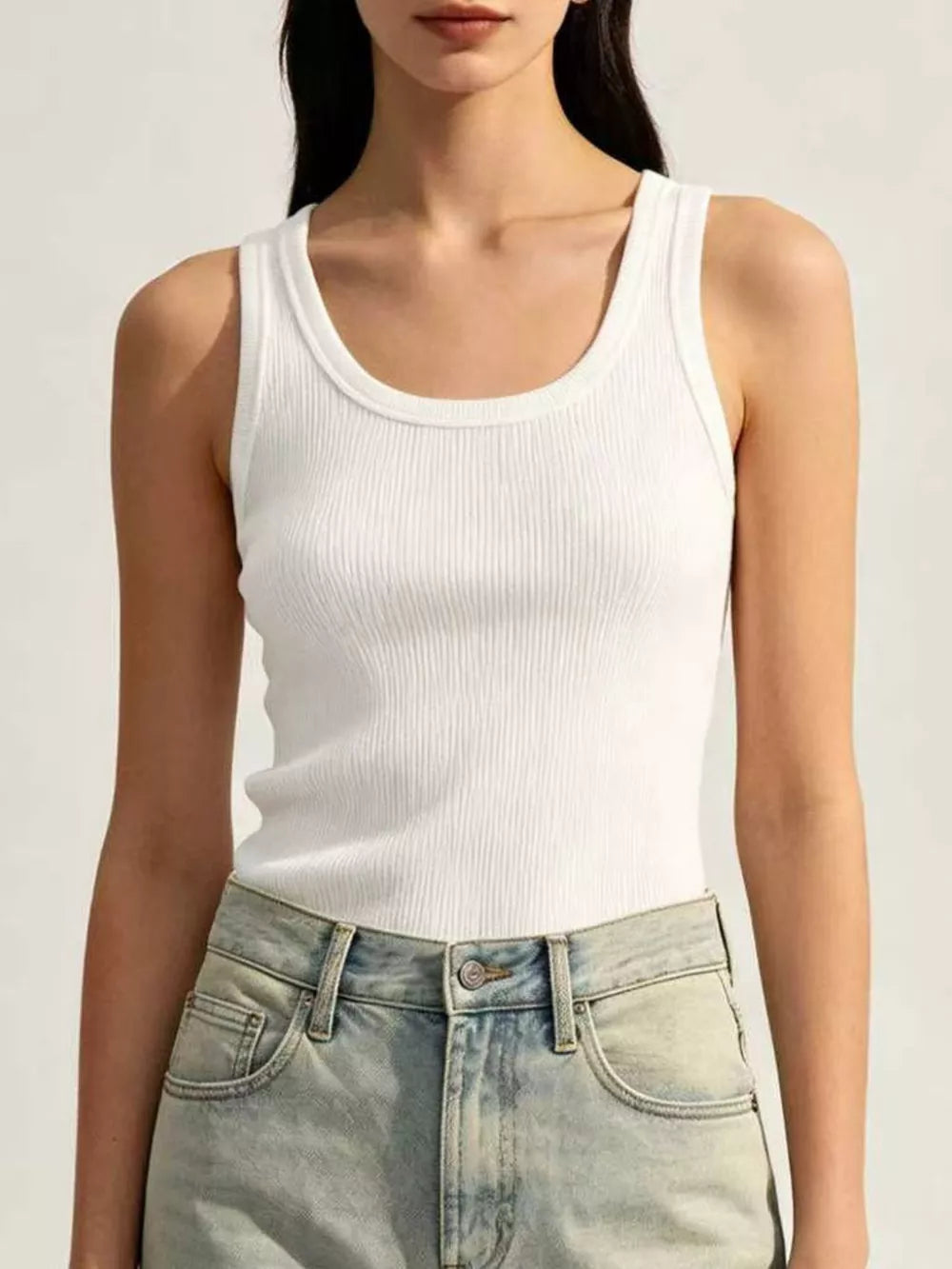 Ribbed Knit U-neck Tank in White, front view