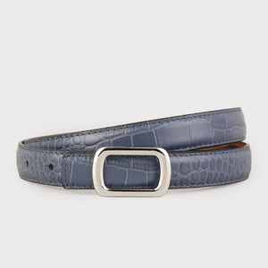 Blue crocodile textured cowhide leather belt with silver buckle