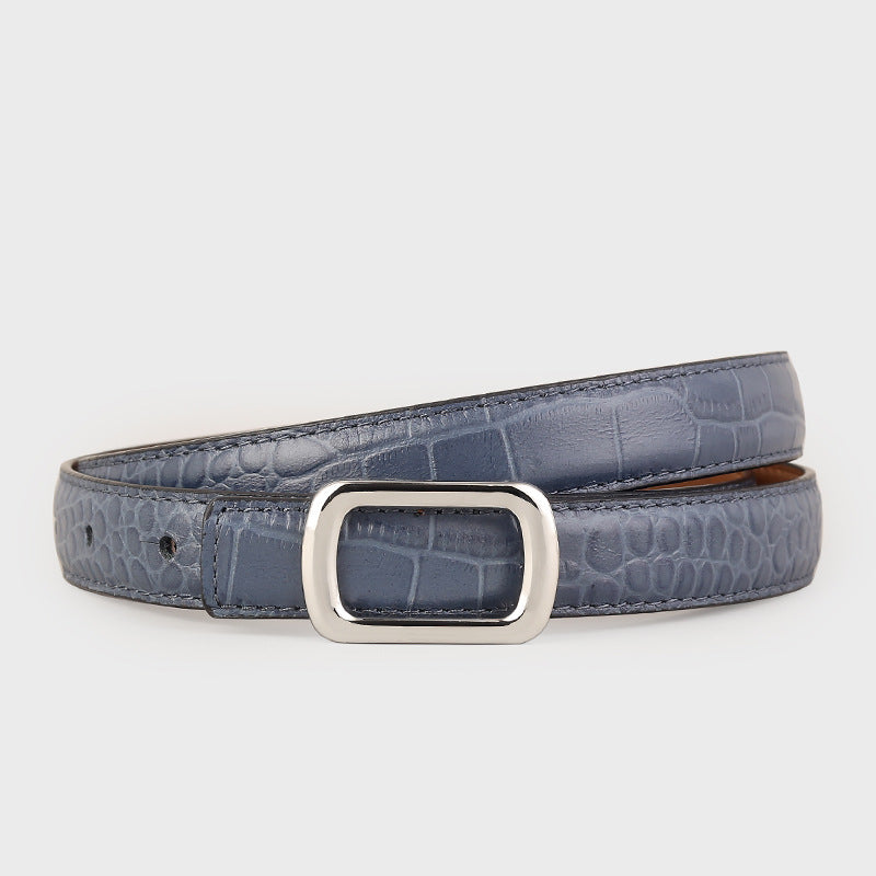 Blue crocodile textured cowhide leather belt with silver buckle