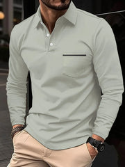 Long-sleeve polo shirt in light gray with a chest pocket and black trim detail.