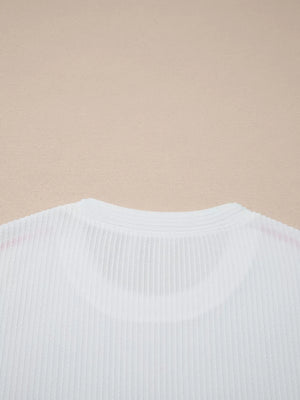 White ribbed maternity t-shirt with subtle contrast stitching detail on the neckline.