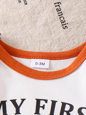 Children's My First Baseball Season Bodysuit Set in Light Brown, close-up detail