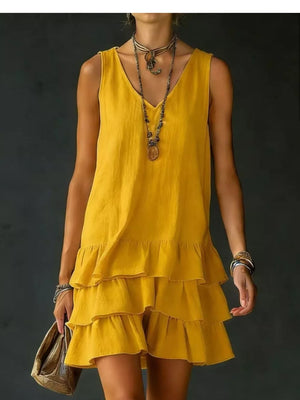 Yellow tiered ruffled hem v-neck sleeveless mini dress with layered ruffles.