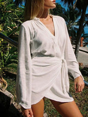Chic white cotton blend long sleeve wrap cover-up dress with tie waist detail