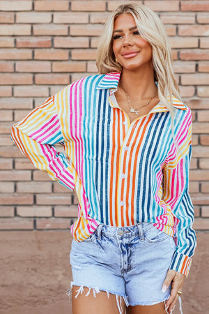Rainbow stripe relaxed button-down shirt with a pocket and collared neckline.