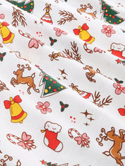 Festive ruffled cotton dress for toddlers with Christmas print featuring bells, candy canes, and reindeer.