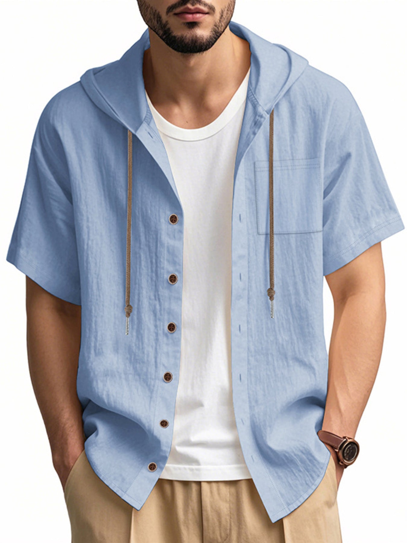 Men's light blue short sleeve hooded shirt with pocket and button front