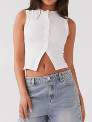 White ribbed knit button-down crop top with a mock neck and sleeveless design.