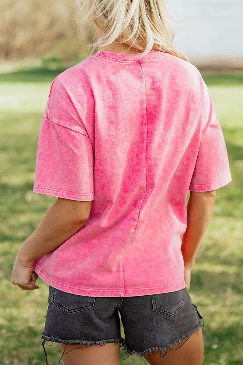 Solid Color Cotton Mineral Washed Oversize Tee in Mint Blue, side view