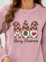 Dusty Pink corduroy sweatshirt with three Christmas gnomes and Merry Christmas text.