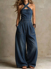 Wide-leg Crisscross Denim Jumpsuit Plus Size in Black, front view