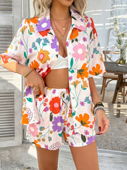 Coastal Tile Print Co-ord Set with button-up shirt and drawstring shorts in multicolor floral pattern.