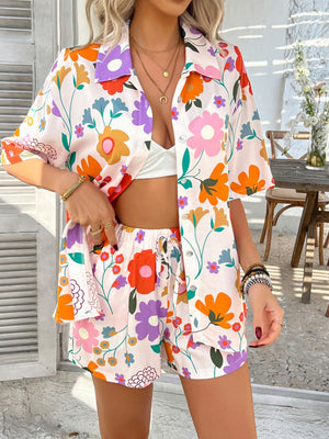 Coastal Tile Print Co-ord Set with button-up shirt and drawstring shorts in multicolor floral pattern.
