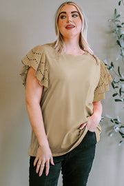 Khaki eyelet flutter sleeve tee with a crew neck.