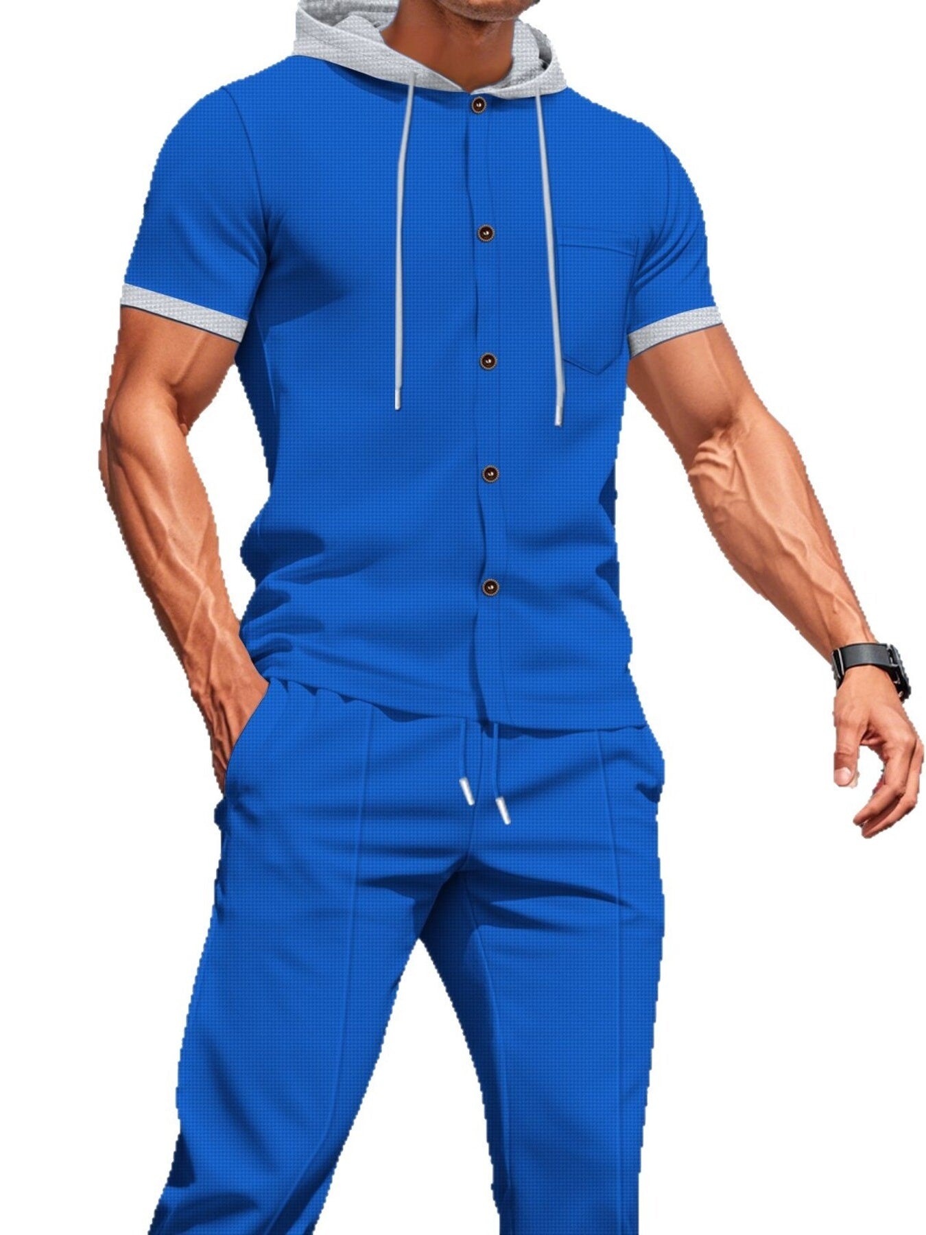 Men's Short-sleeve Hooded Top And Shorts Set, back view
