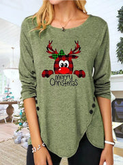 Matcha green asymmetrical tee with reindeer Merry Christmas graphic and button detail