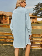 Light wash denim shirt dress with frayed hem and cuffs.