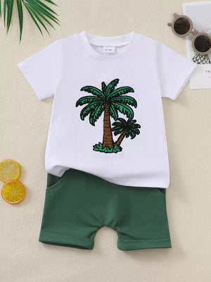 Embroidered palm tree baby set with white t-shirt and green shorts